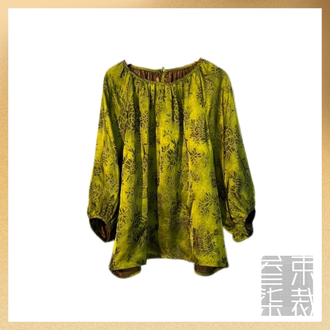 T1【素秋】春夏新款香云纱上衣圆领褶皱收口袖百搭气质