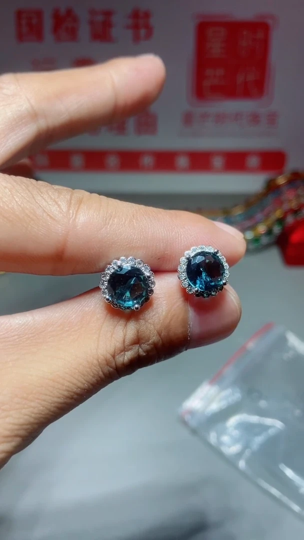 银S925镶嵌耳钉海蓝宝石716
