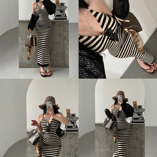 纯欲性感V领修身百搭条纹侧开叉针织夏季薄款包臀吊带连衣裙长裙