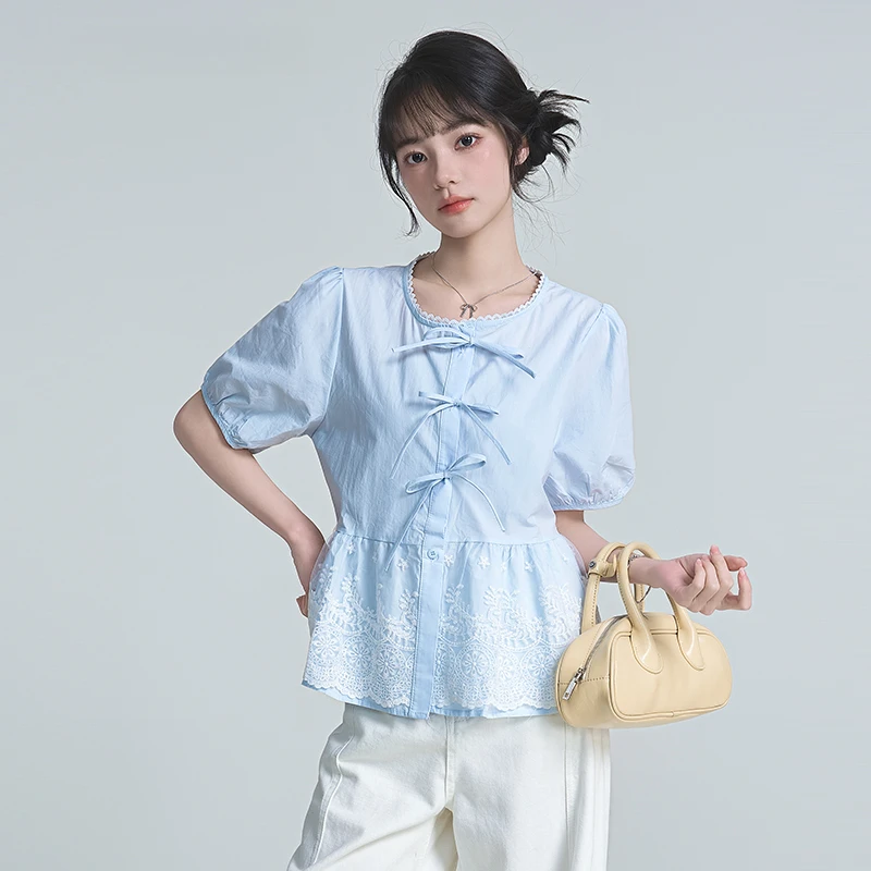 帛卡琪蕾丝边拼接短袖衬衫女2025夏季新款温柔风蝴蝶结休闲上衣
