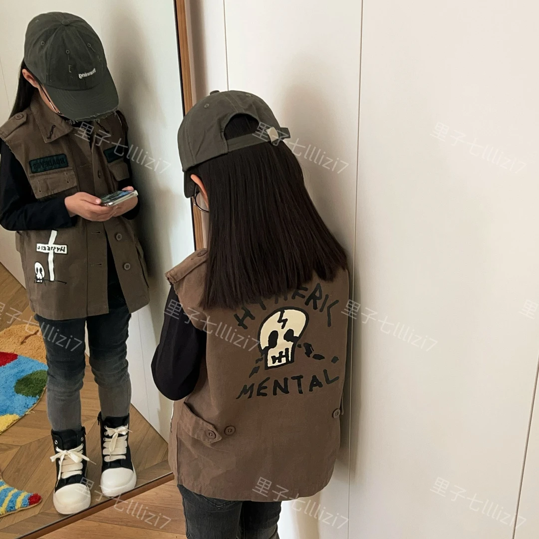 LZ7日系童装春夏中古黑超儿童工装马甲涂鸦风衣24016