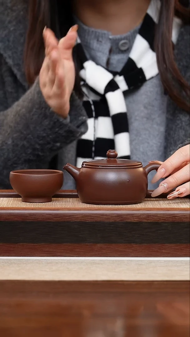 紫泥乐鼓180cc宜兴手工紫砂壶+紫泥小杯
