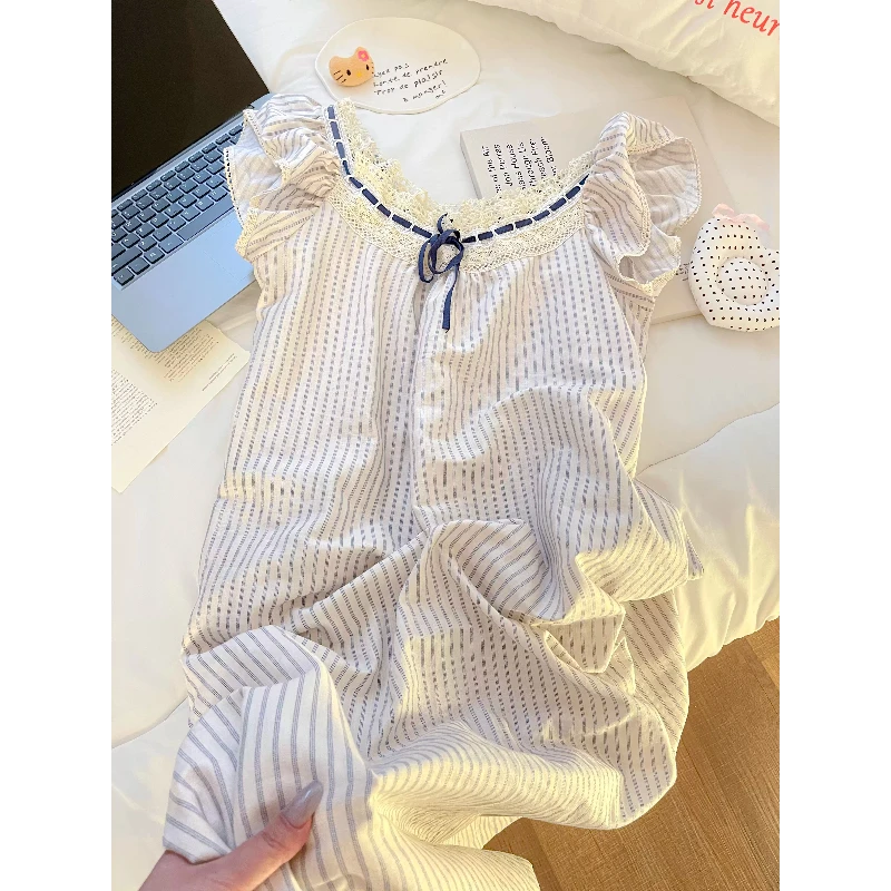 韩系甜美飞飞袖条纹蕾丝短袖睡裙女夏季2025新款宽松舒适连衣裙子