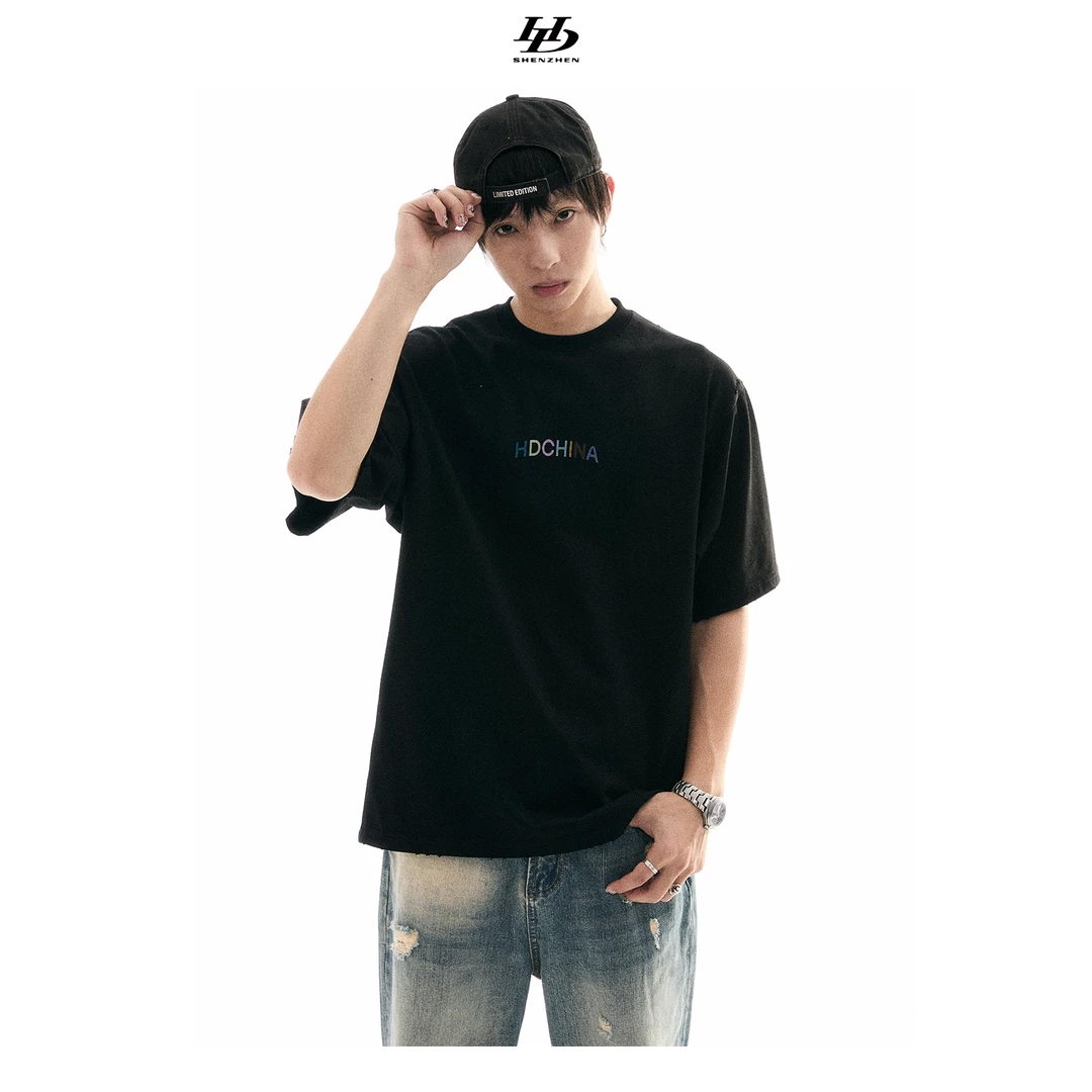HDSTUDIO[小彩虹]彩虹印花春夏原创设计夏休闲男T恤宽松圆领短袖