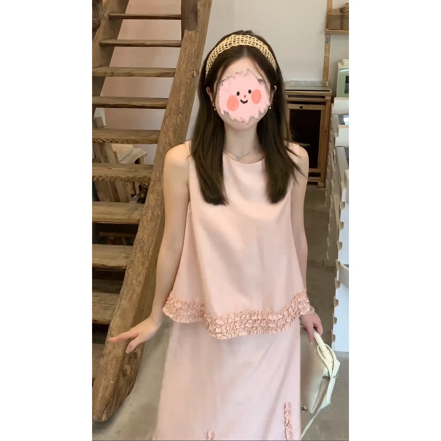 夏季减龄一整套穿搭女2025夏季新款木耳边拼接无袖T恤半身裙套装