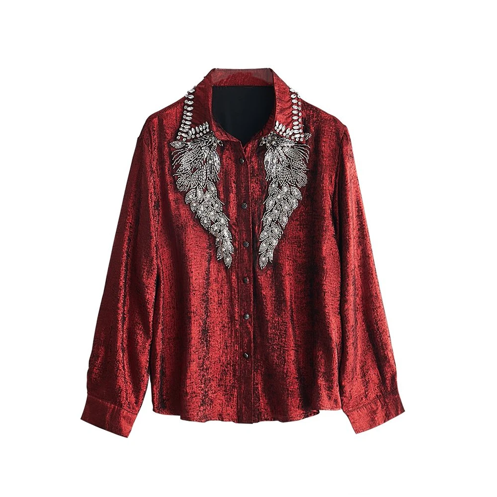 VAZSLVE/原创设计 重工POLO领口镶钻钉珠图案设计纯色上衣CS645