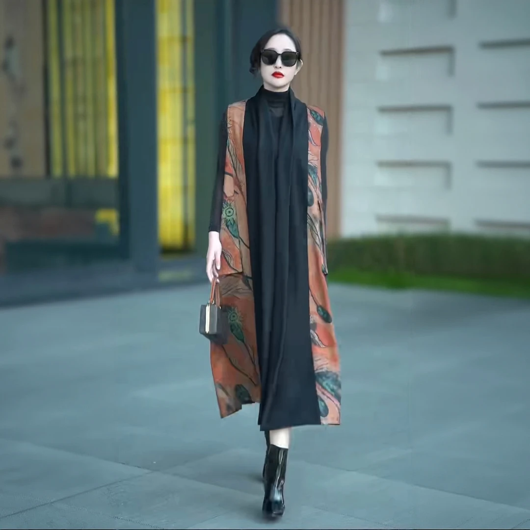 71731夹显风长款春秋女士印花外套瘦马文艺民族复古背心开衫气质