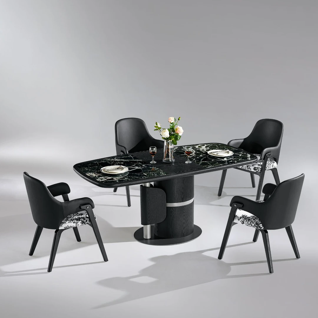 纯天然纳秋绿大理石奢石长餐桌实木内嵌大理石方桌中古风恰饭桌