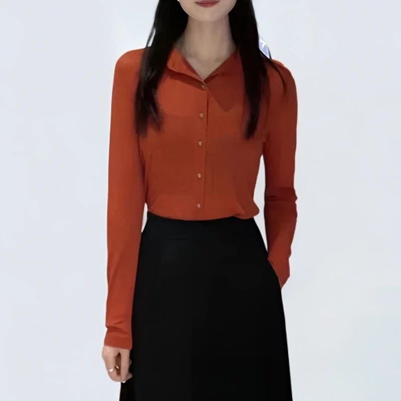商场同款女装2025秋季款时尚百搭弹力网纱纯色长袖衬衫女1300782