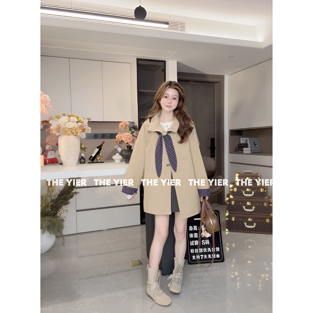 秋新款休闲百搭中长款风衣外套连帽披肩减龄格子撞色风衣中长款