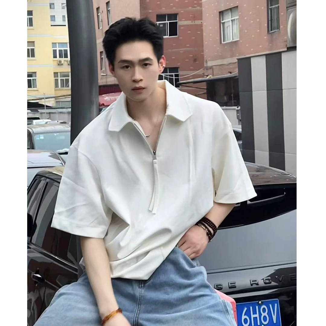 夏季重磅纯色个性裁剪半拉链翻领宽松短袖T恤男潮牌上衣LZT830