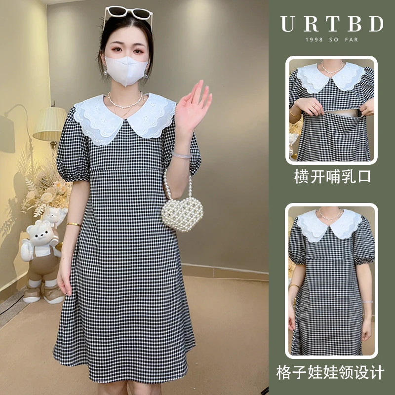 格子娃娃领夏季时尚甜美温柔风减龄休闲显瘦孕妇产后哺乳款连衣裙