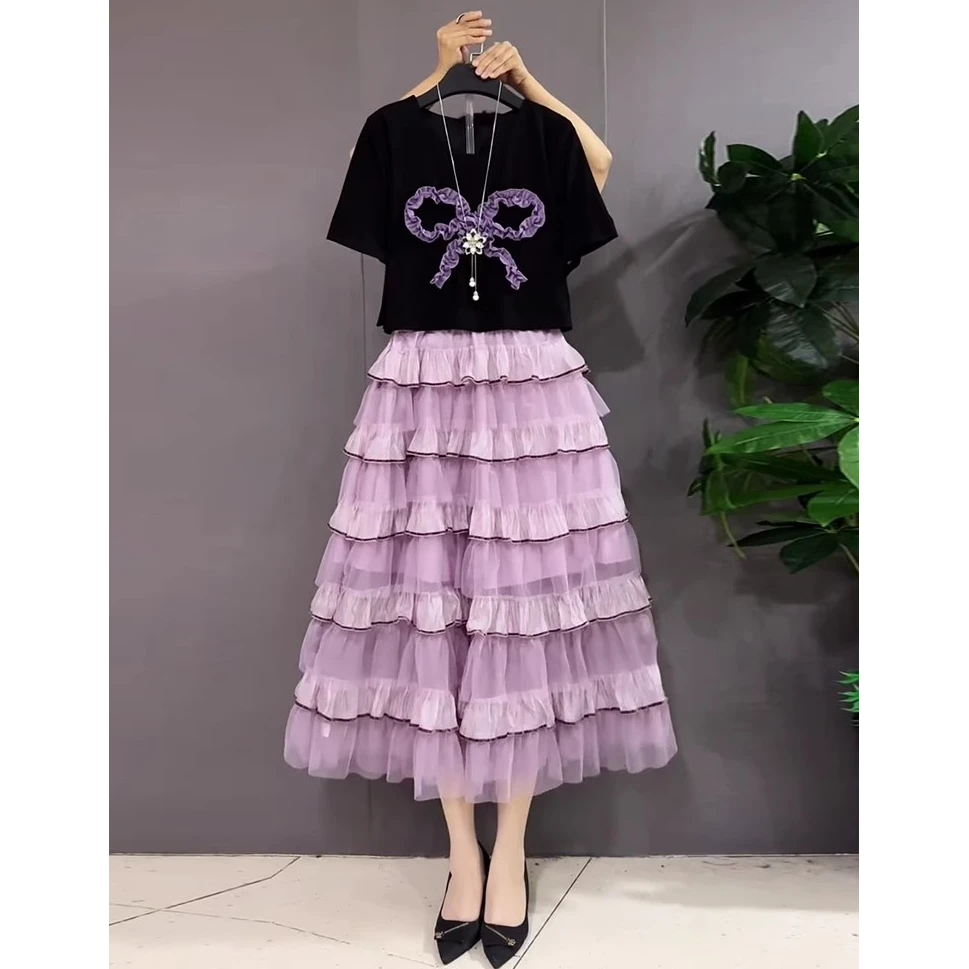 撞色拼接假两件短袖连衣裙女2025夏季新款洋气减龄显瘦中长款裙子