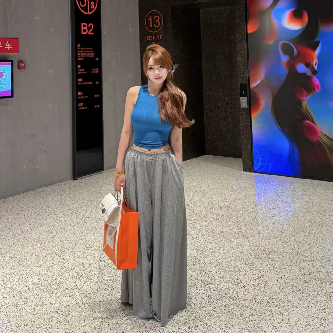 思思家【冷白皮极简套装】夏季修身绑带露背上衣➕灰色阔腿裤套装