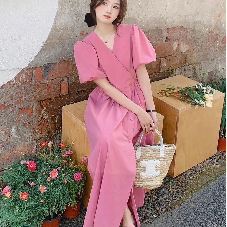 霍文萨列粉色法式浪漫v领连衣裙女2025春夏新款气质高端轻奢茶歇