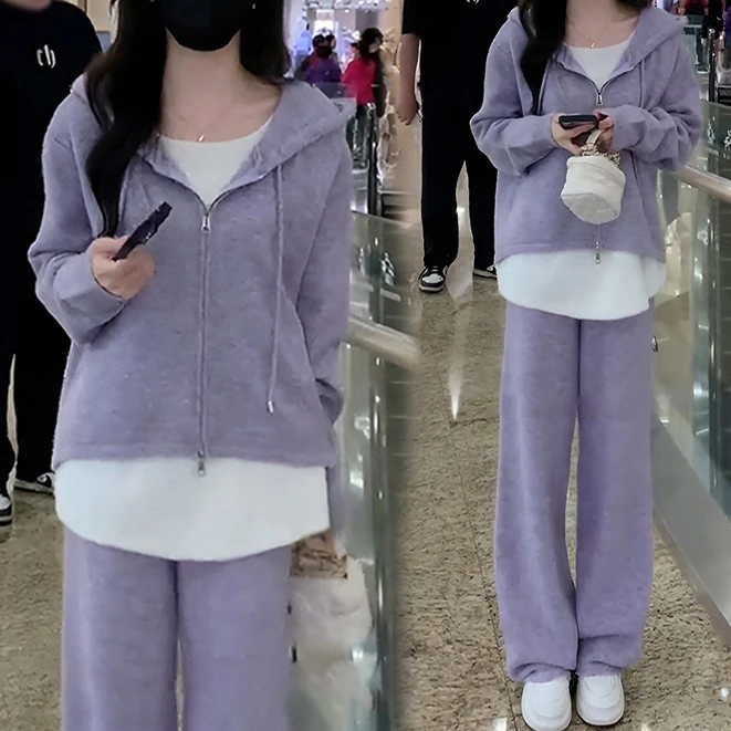 休闲运动套装女2025春秋新款宽松假两件针织连帽卫衣阔腿裤两件套