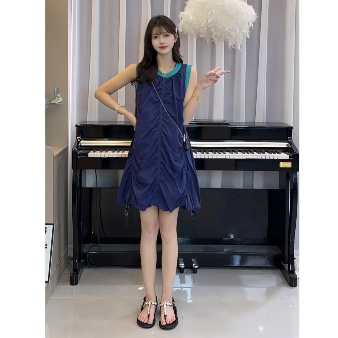 「圈圈优选」2025夏季新款无袖撞色孕妇背心连衣裙减龄褶皱设计韩版