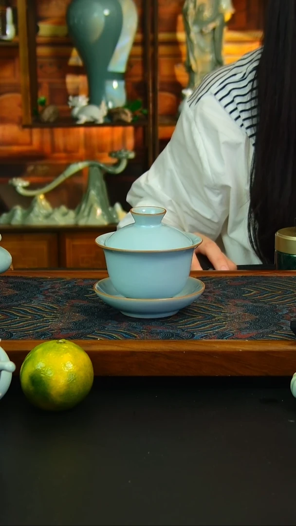 瓷片原矿汝瓷福利盖碗，不完美，简装