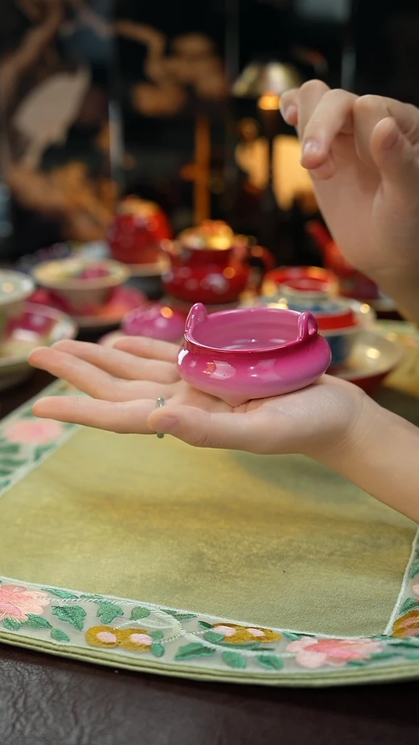 雅圣景德镇手工手绘胭脂红渐变小壶承