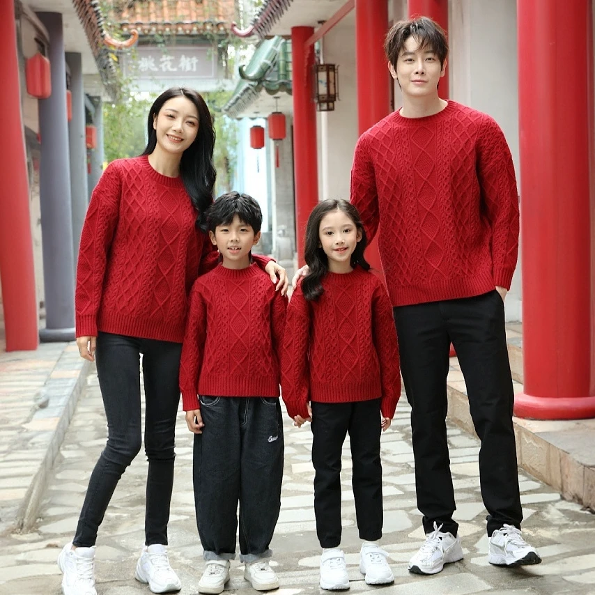 秋冬款加厚亲子装圆领毛衣母子装母女装童装一家三口四口家庭装