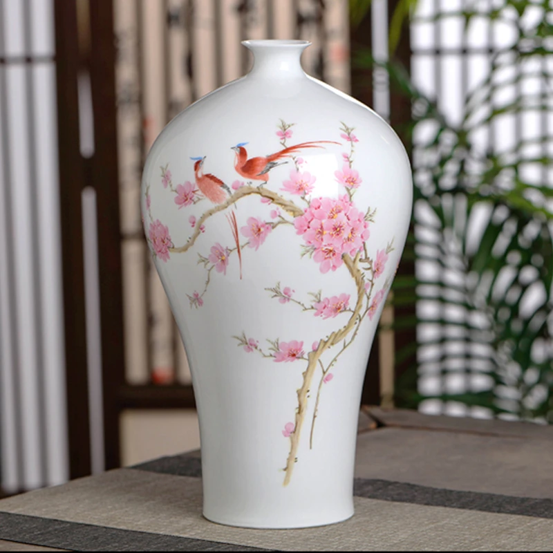 景德镇7501水点桃花梅瓶余乐亮《富贵长春》瓷瓶