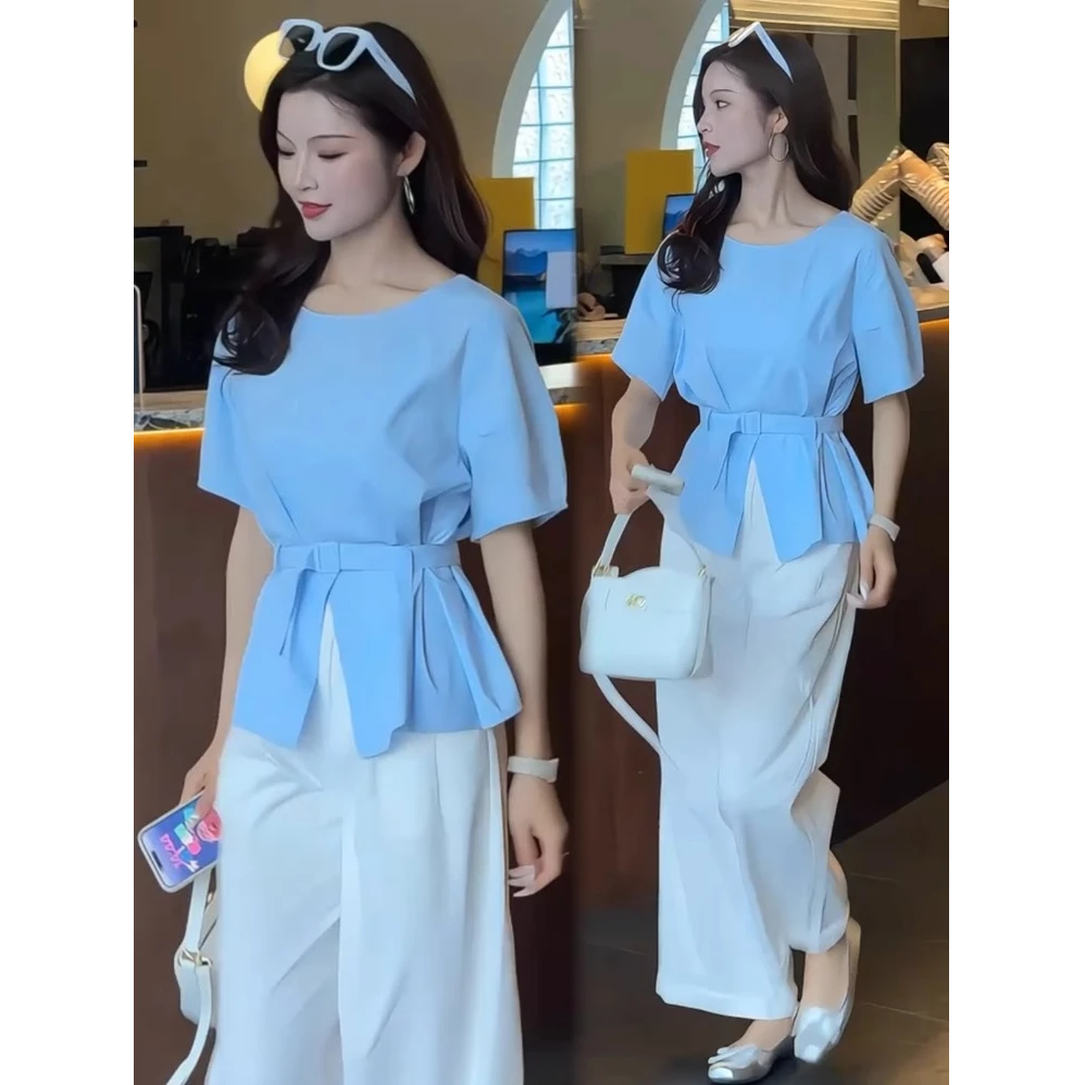 时尚套装女2025夏季新款洋气减龄收腰系带上衣显瘦阔腿裤两件套潮