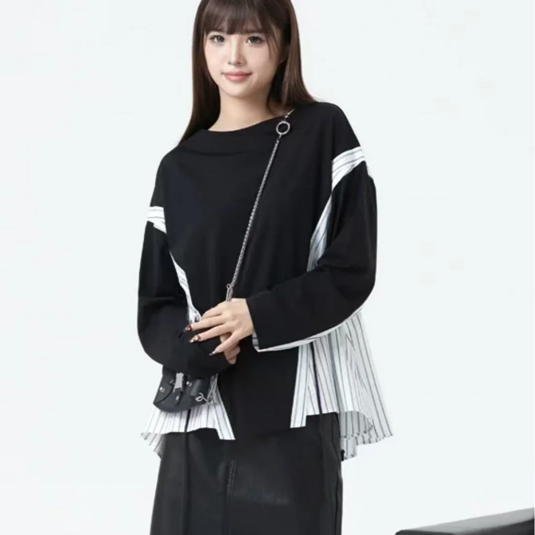 圣迪奥长袖针织时尚休闲不规则设计师拼接撞色百搭T恤S24180201