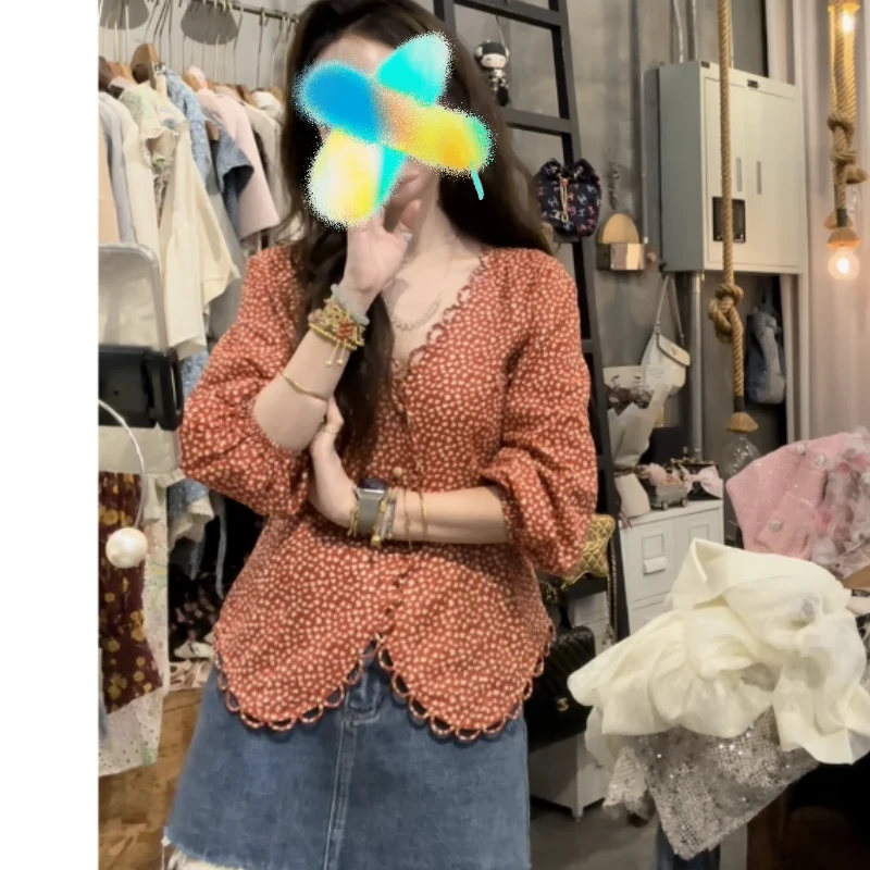 2025夏季新款定制款法式别致爱心手工花边碎花衬衣衬衫棉