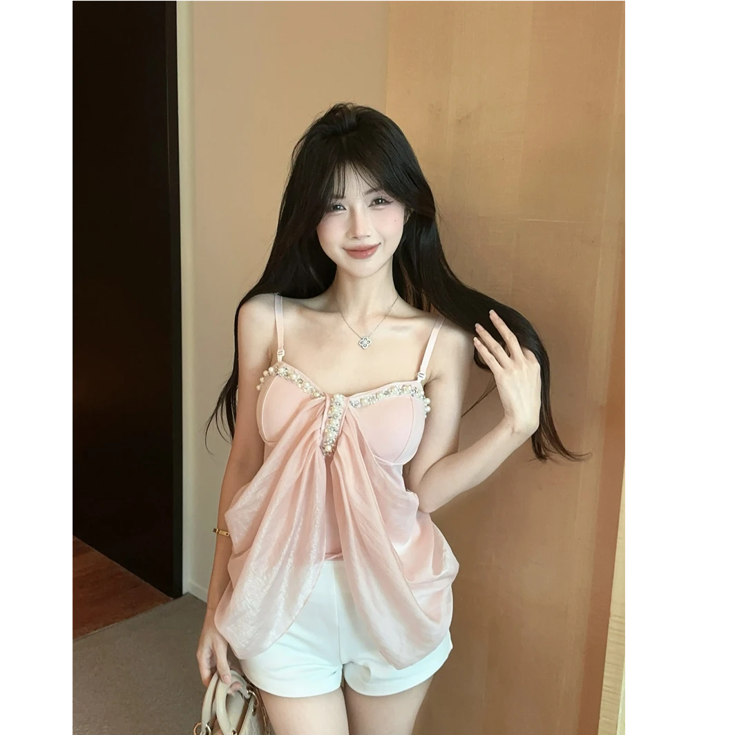 纯欲气质钉珠网纱拼接胸垫吊带背心辣妹短款上衣百搭白色短裤