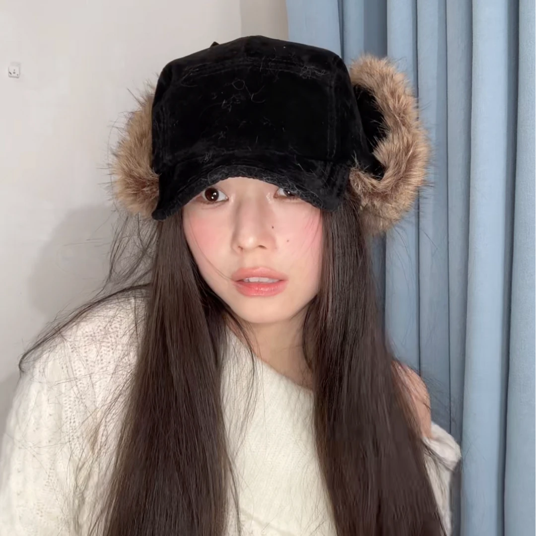 毛绒保暖帽秋冬帽子女士雷锋帽麂皮
