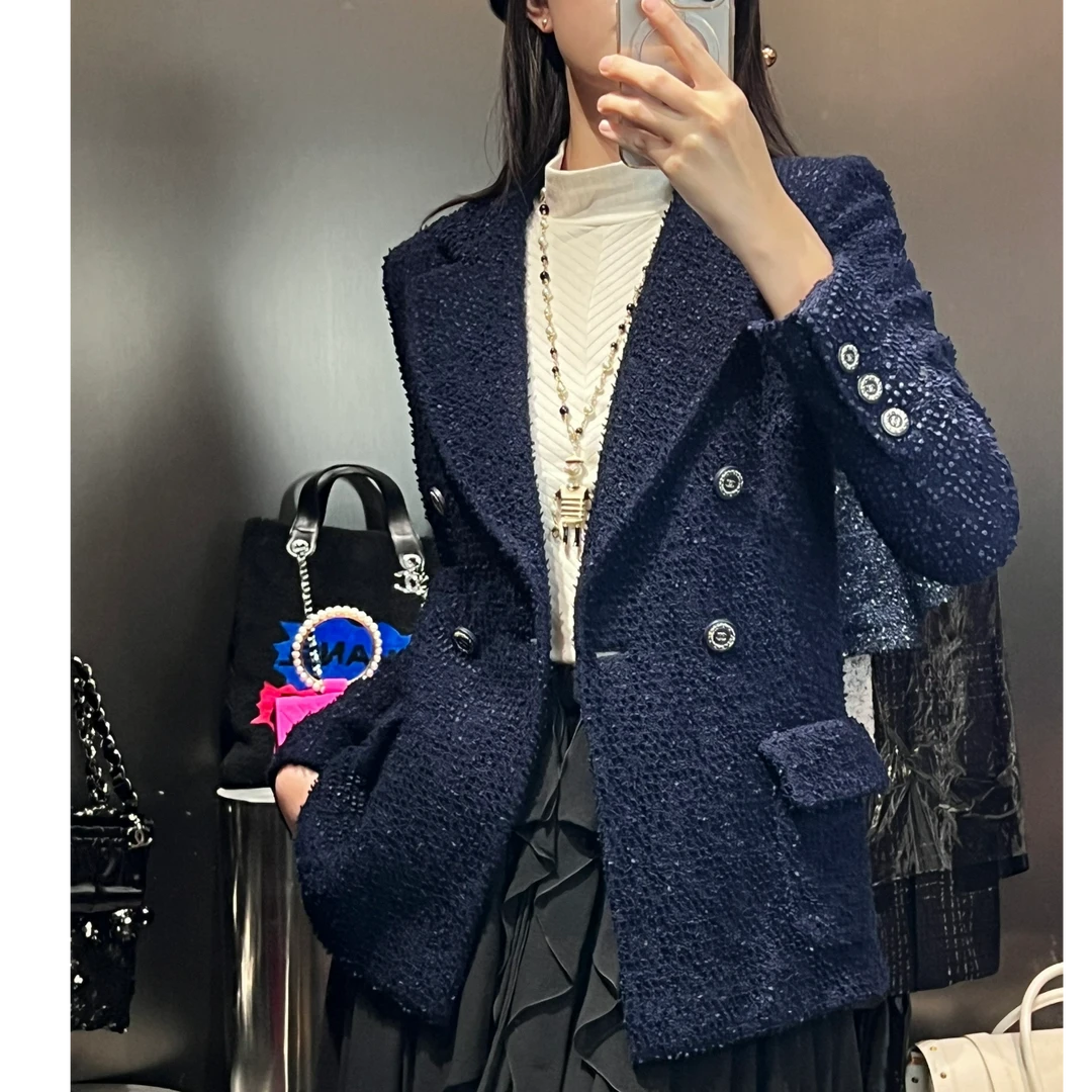 未使用 Chanel/香奈儿 翻领邮轮系列爆款珍珠扣外套 蓝色/40