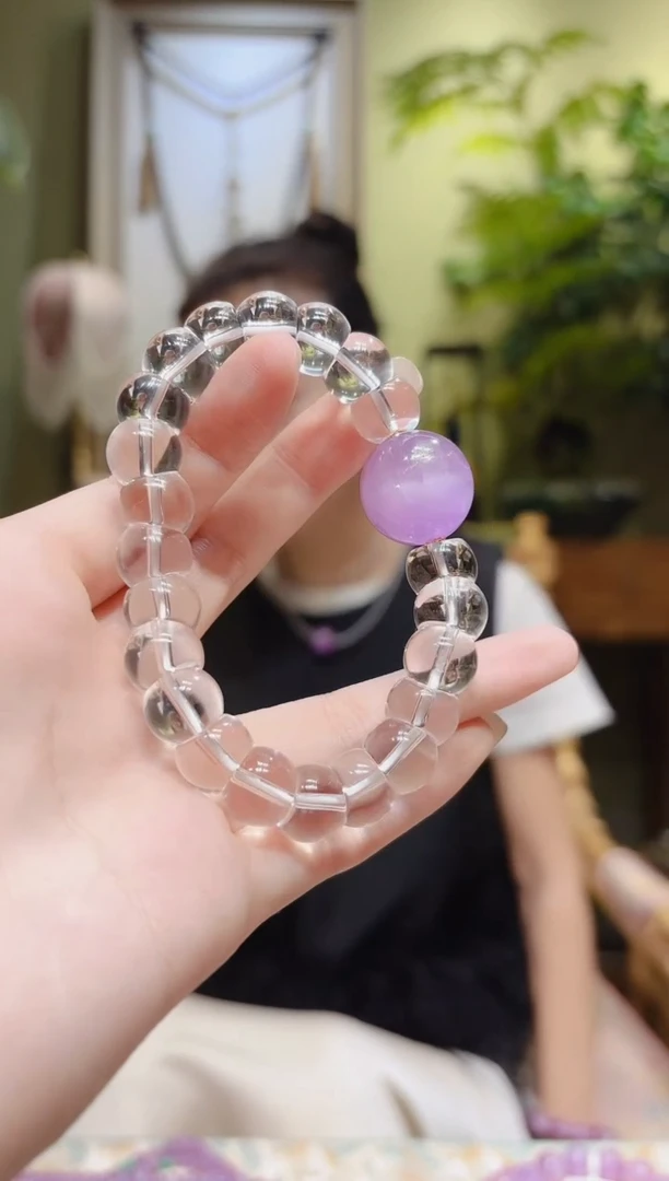 【闪购商品】水晶手串18K金镶嵌紫锂辉顶珠大肠白水晶手串