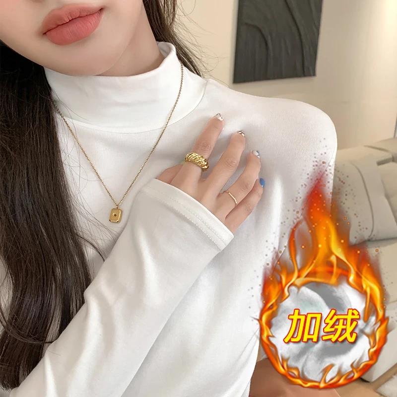 德绒半高领打底衫女秋冬加绒保暖中领内搭长袖t恤修身纯色上衣潮