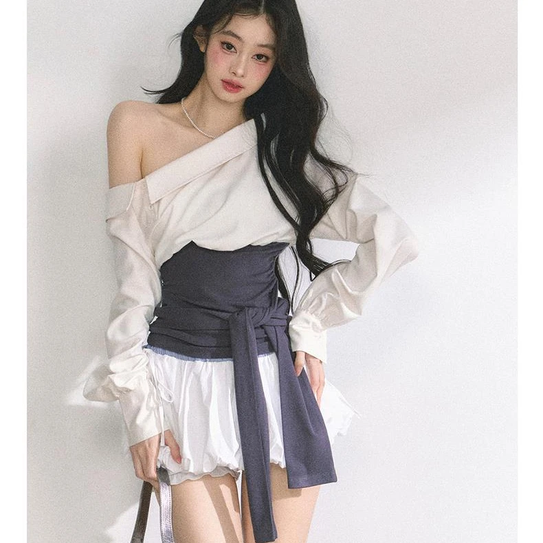 韩模顶配 法式斜肩辣妹T恤女夏收腰显瘦设计感通勤衬衫上衣连衣裙