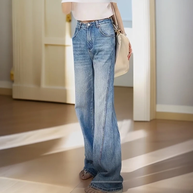 港版1027百搭水蓝色休闲垂感时尚显瘦修身直筒窄版阔腿牛仔裤