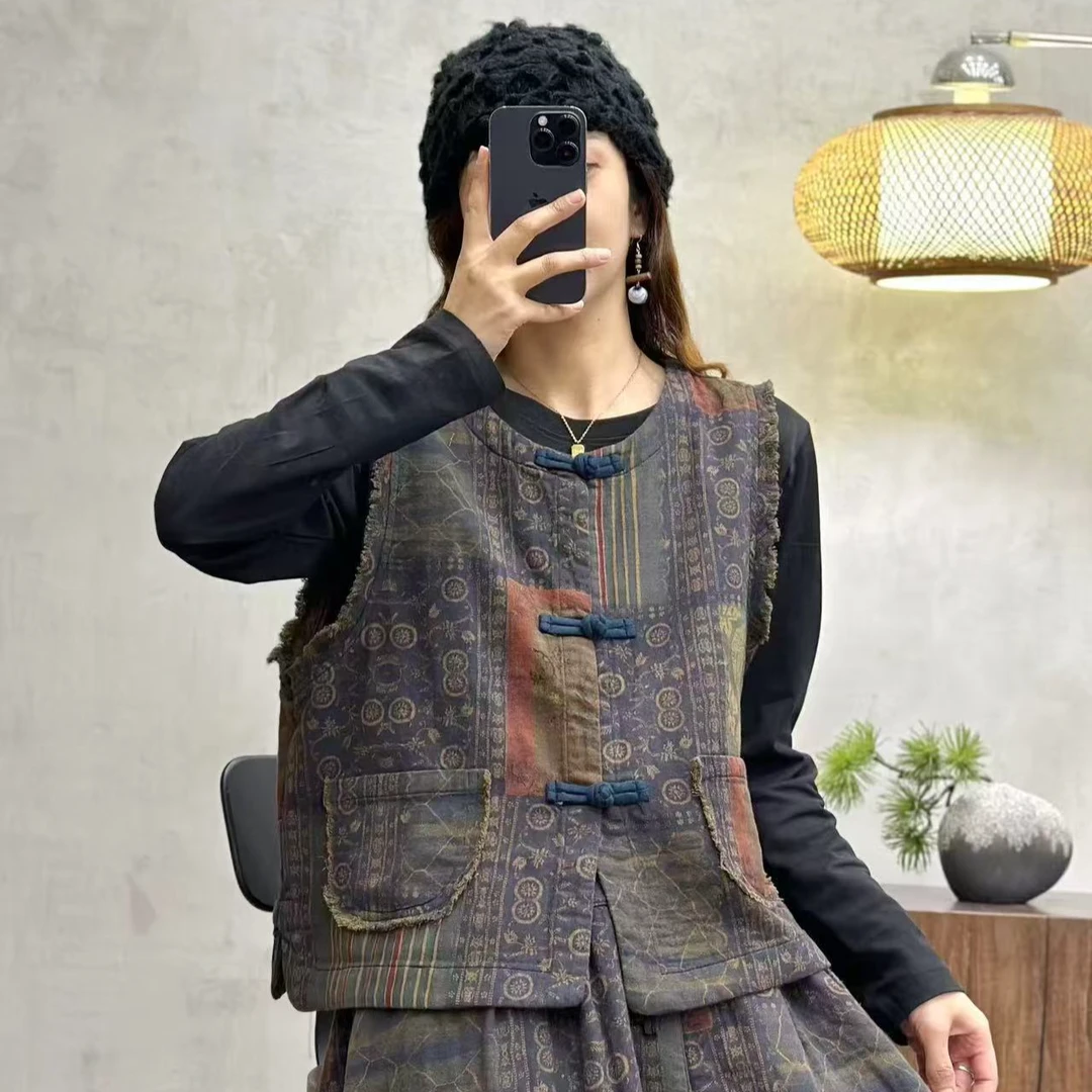 洋气衣服女春秋新款复古印花棉麻马甲原创坎肩文艺宽松背心外套