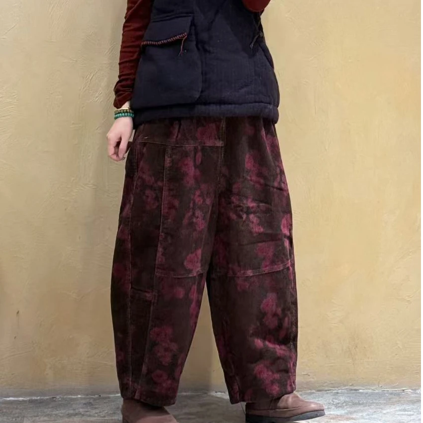 2024秋冬新款休闲复古宽松加厚保暖双层坑条撞色线休闲裤2411135