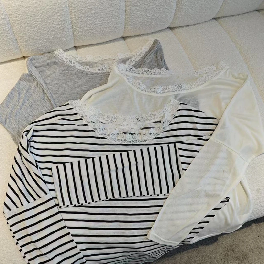 韩版宽松蕾丝拼接长袖薄款透气休闲打底上衣5347