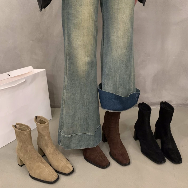 高跟绒面短靴女2025新款春秋季韩系马丁靴方头瘦瘦粗跟单靴