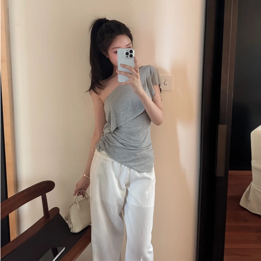 美式复古斜肩灰色短袖t恤女2025年夏季新款设计感修身显瘦上衣潮