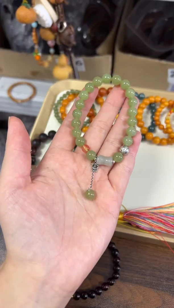 手链银S925镶嵌和田玉晴水和田玉银配件圆珠手链8M[0434]