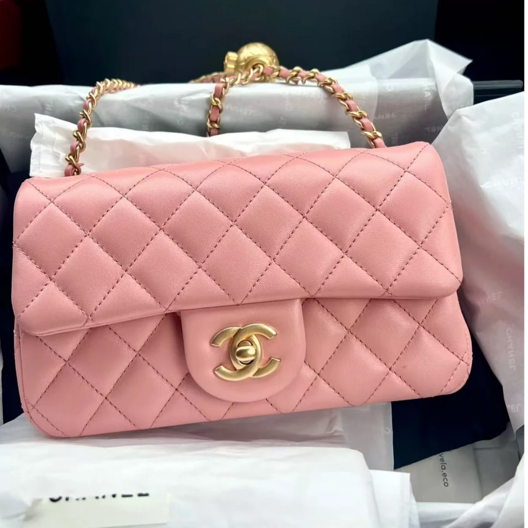 99新 Chanel/香奈儿 Chanel cf大mini蜜桃粉金球款时尚包/AM1248