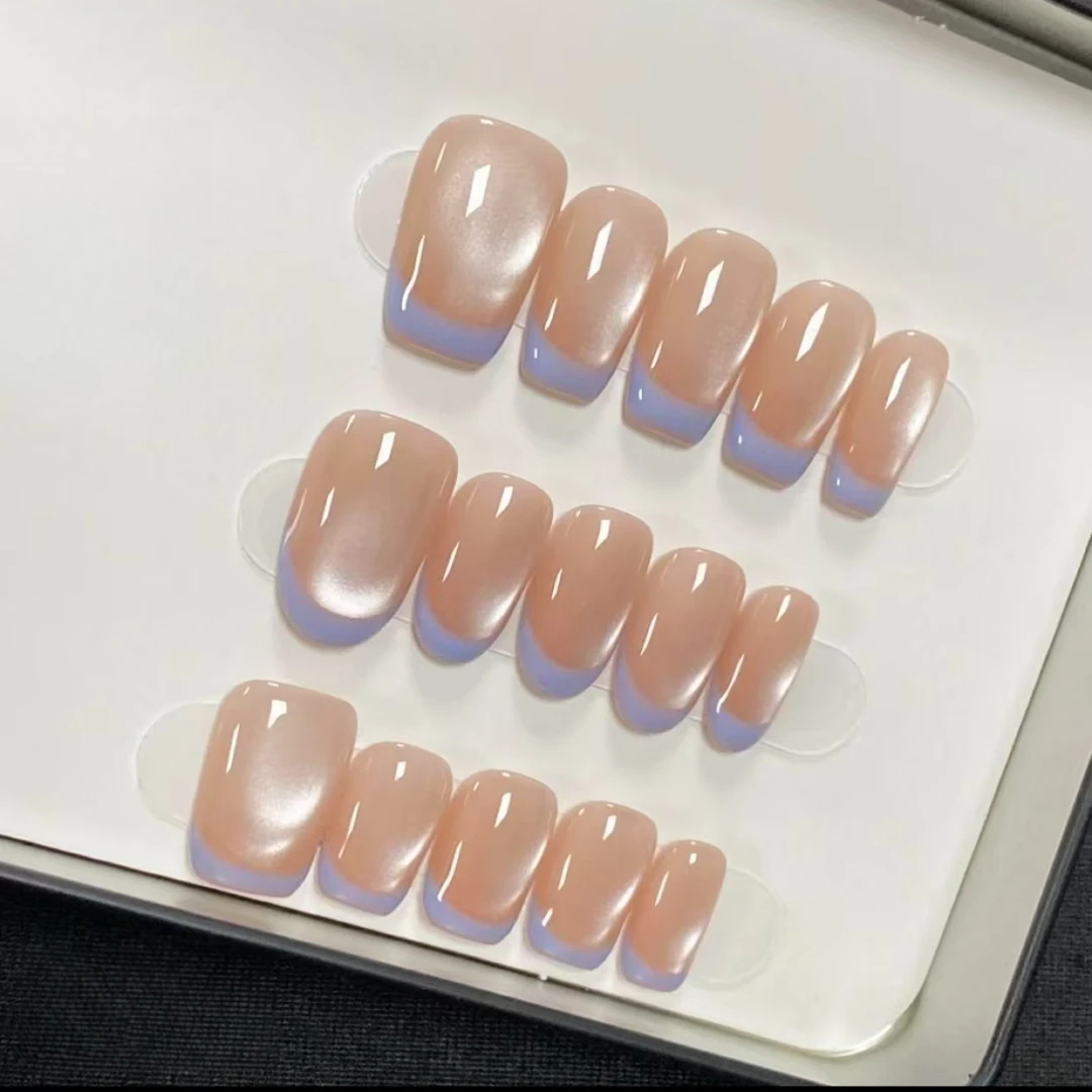 YoMi【蓝莓奶盖】2025显白裸色蓝色法式猫眼纯手工穿戴甲JD1606ss