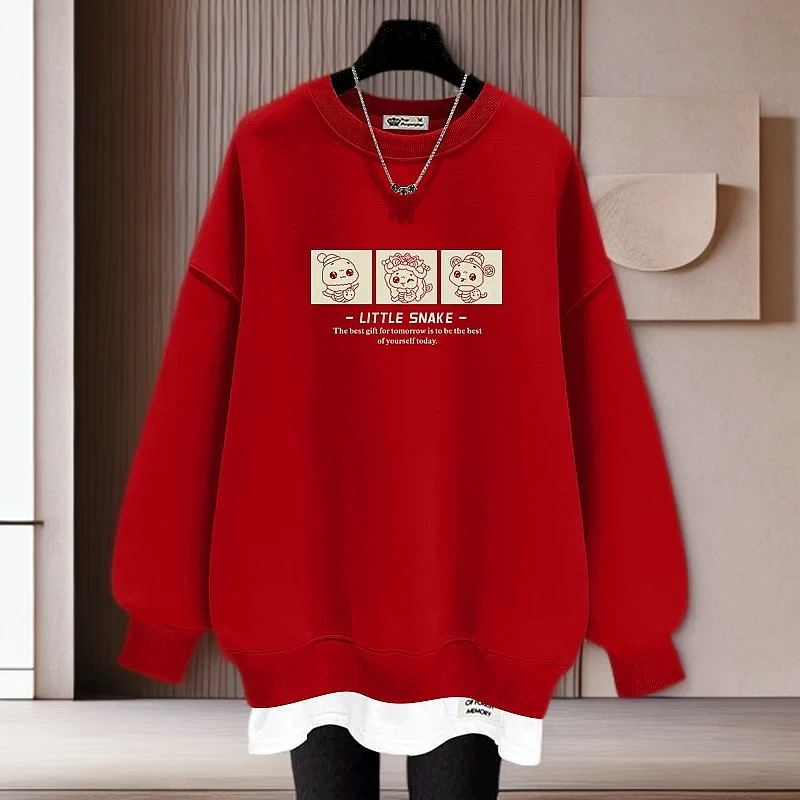 红色卡通本命年加绒加厚卫衣女2025新款春秋冬季假两件中长款上衣