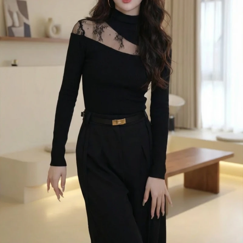 【夜之巴黎】新款立领网纱拼接长袖T恤女加厚打底衫上衣LK2509293