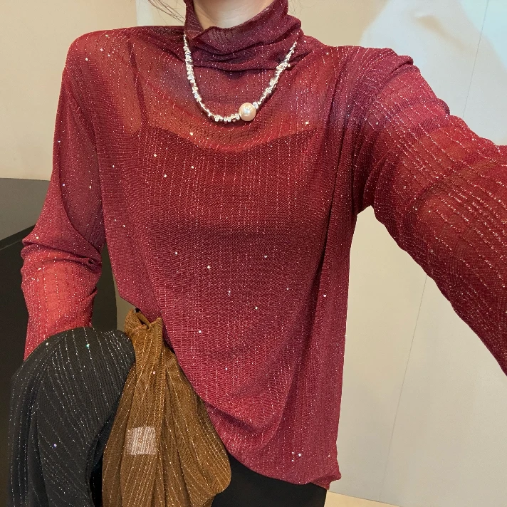 春季新款上新网纱亮丝打底内搭衫526