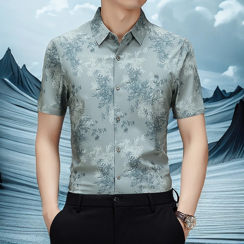 2025夏装新品男士短袖印花衬衫中年男装高档休闲夏季薄款衬衣百搭