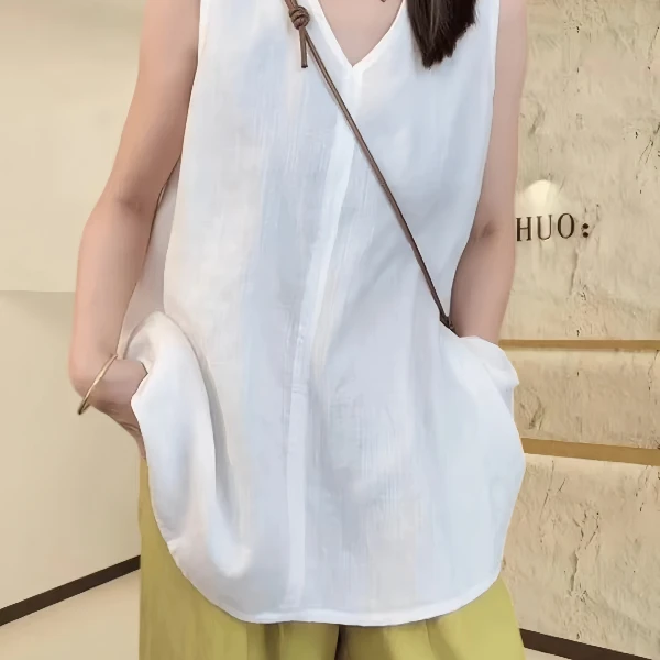 大码女装法式高级感亚麻V领衬衫背心夏季新款胖mm巨无袖显瘦上衣