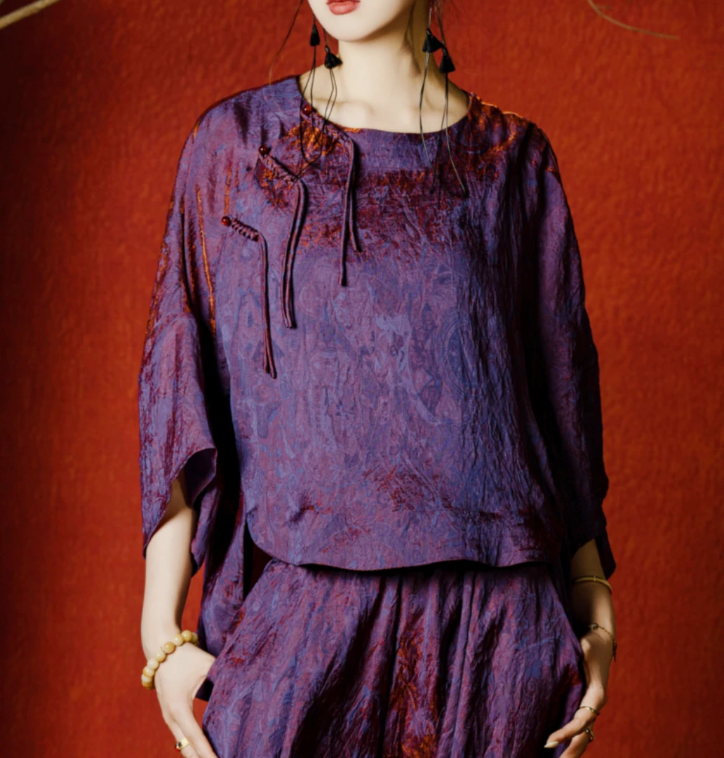 衣成山海L2166【芳菲入梦】紫色浮光锦渐变紫色花萝廓形上衣