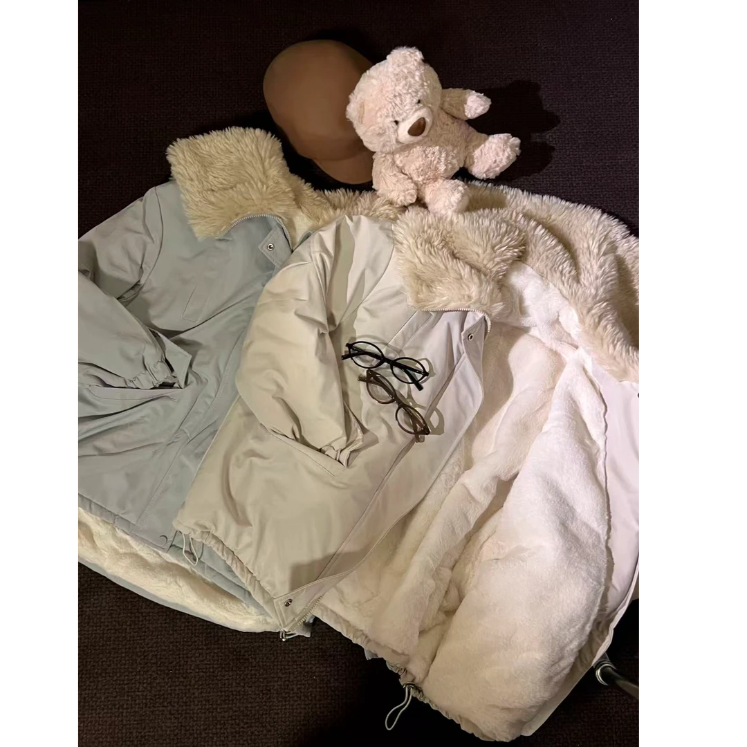 秋冬复古拼接羊羔翻领宽松加厚保暖派克服外套